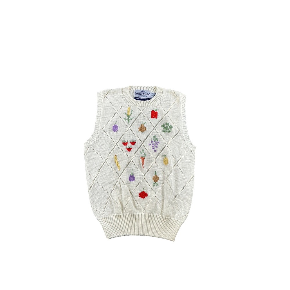 Susan Bristol Vintage Hand Embroidered Vegetable Fruit Knit Sweater Vest Cream S